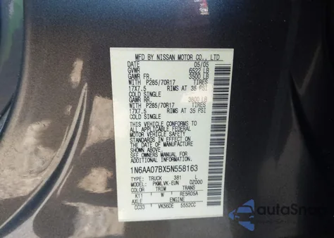 2005 Nissan Titan Le z USA, uszkodzony, nr VIN 1N6AA07BX5N558163